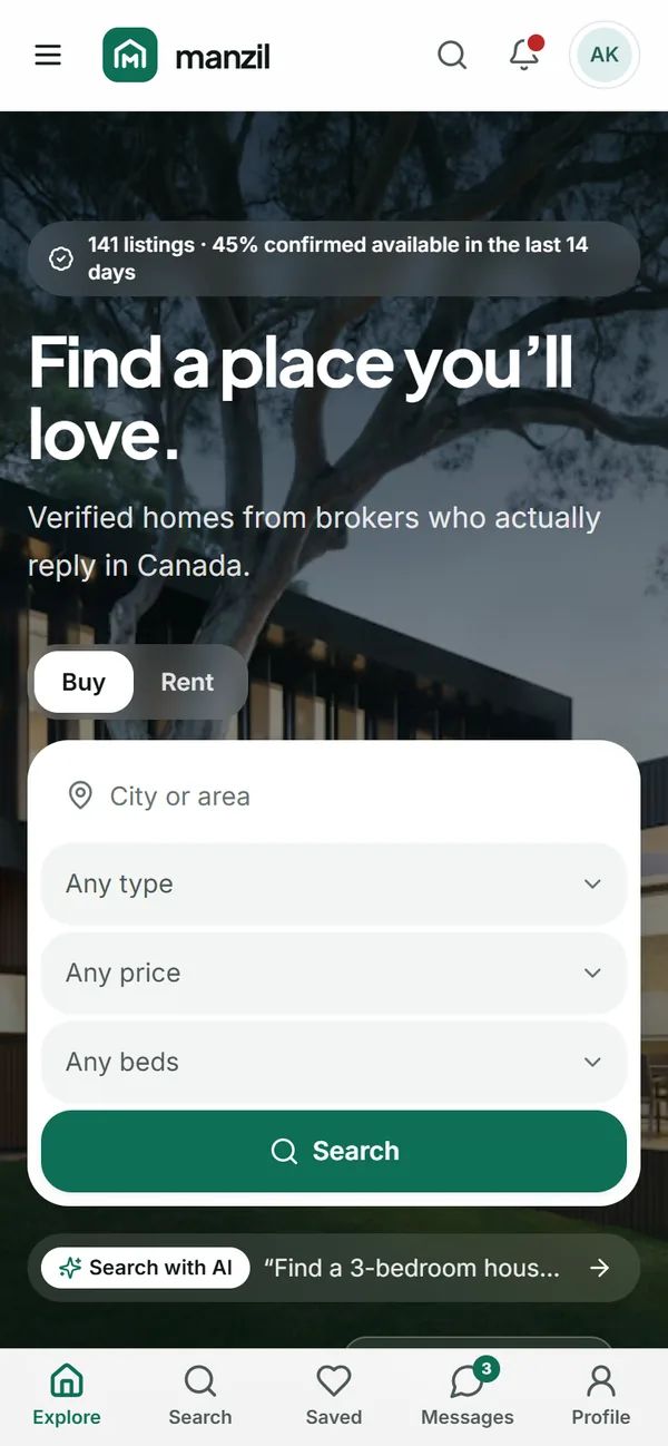 Manzil on a phone with search and bottom navigation
