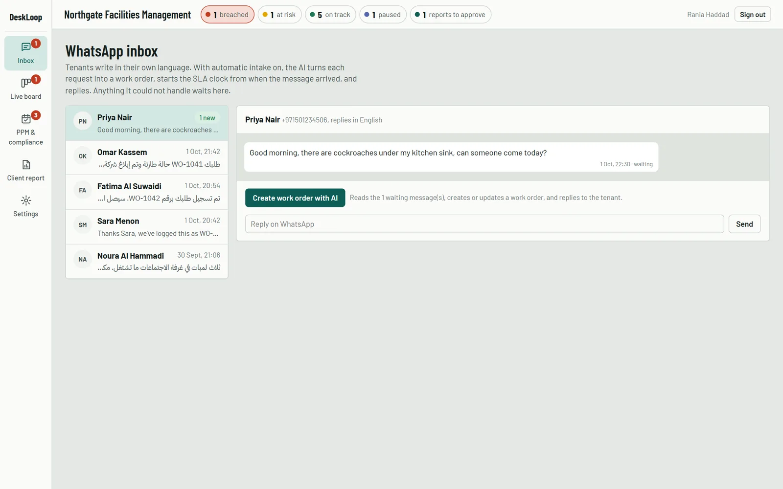 DeskLoop WhatsApp inbox: tenant messages in English and Arabic, with a button to create a work order with AI