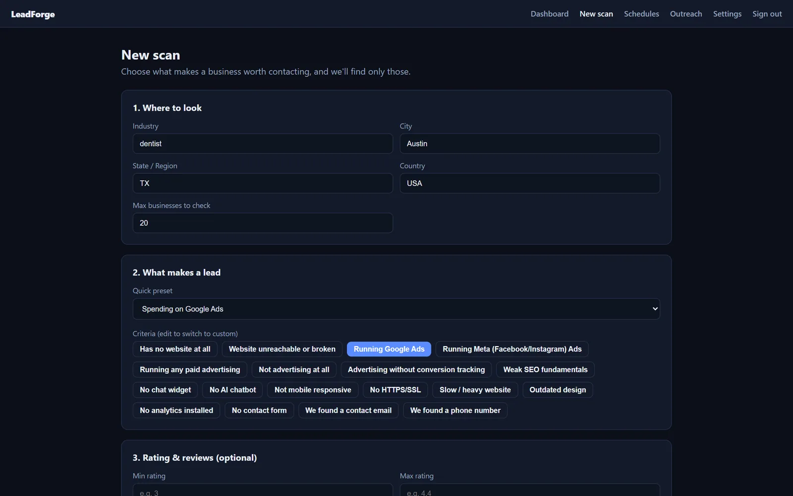 LeadForge new scan form: industry, city, state, country, maximum businesses and lead criteria presets