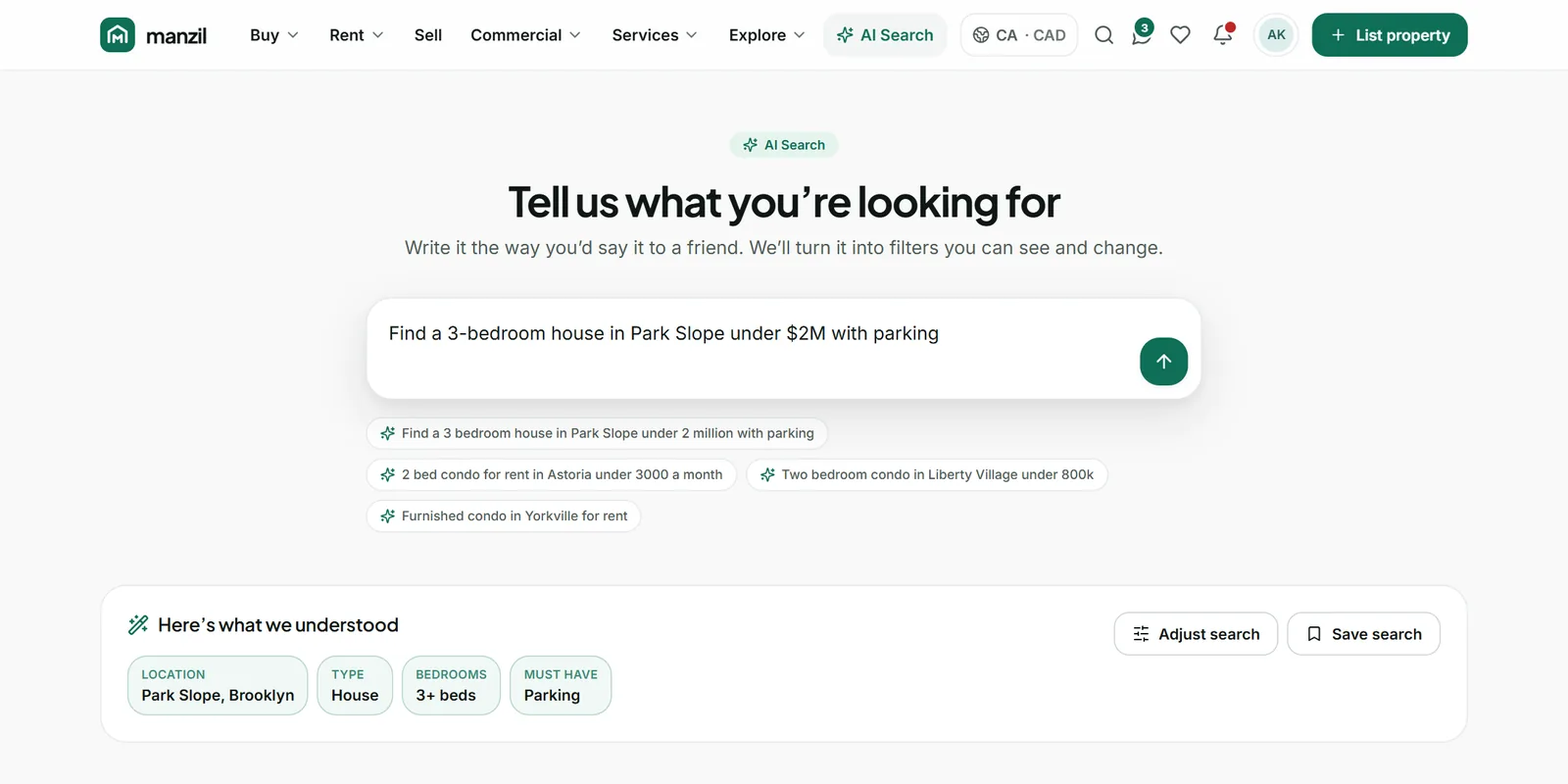 Manzil AI search: a plain-English request turned into location, type, bedrooms and must-have filters, with five matches