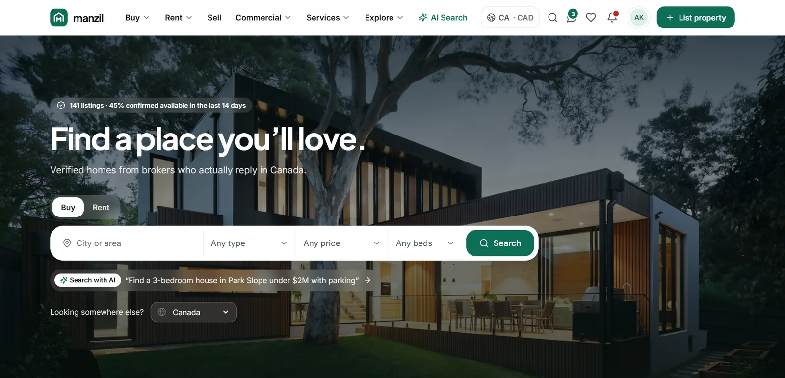 Manzil homepage: 'Find a place you'll love' with buy and rent search, filters and a 'Search with AI' prompt