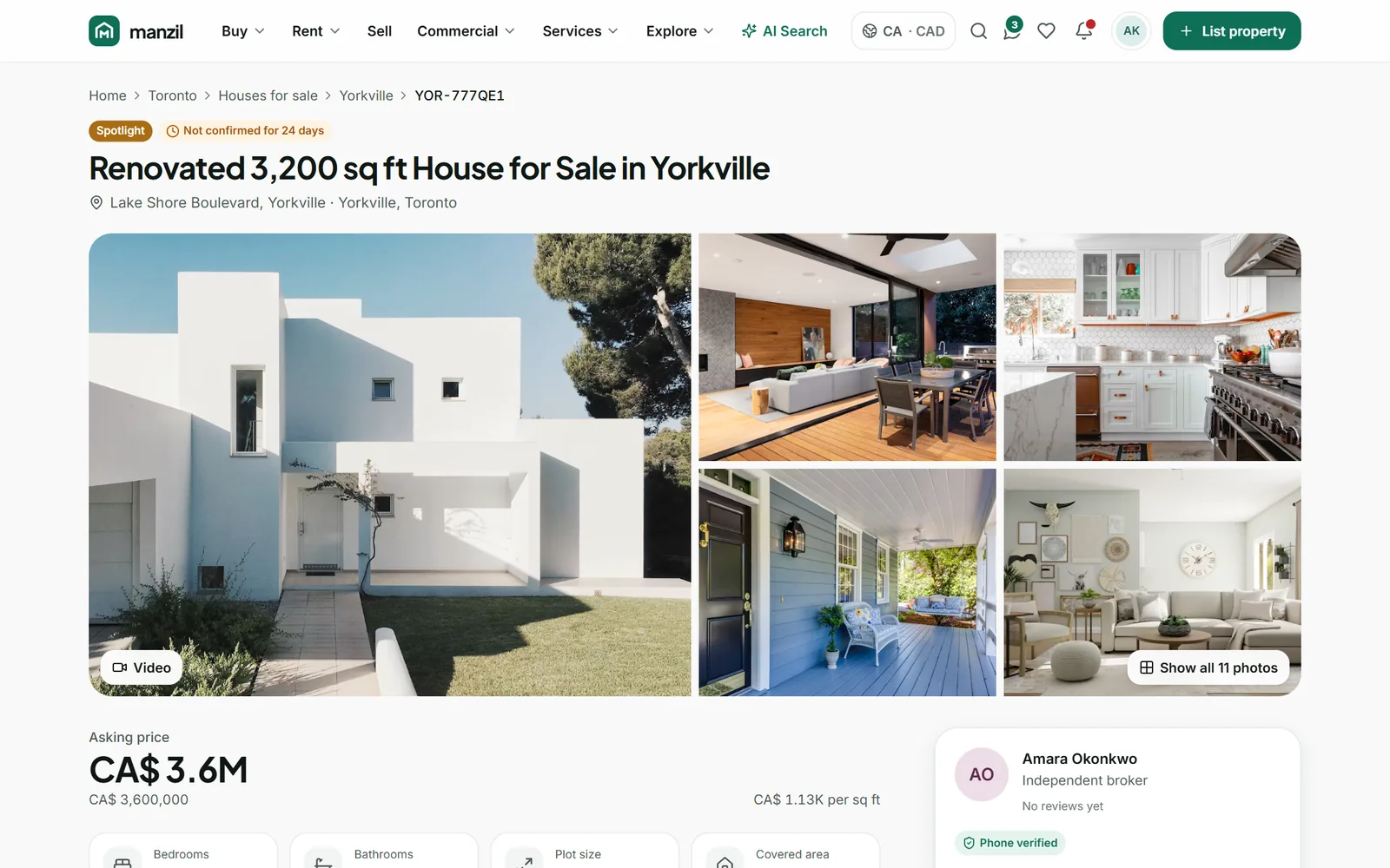 Manzil listing page: photo gallery, asking price, price per square foot and the broker's contact card