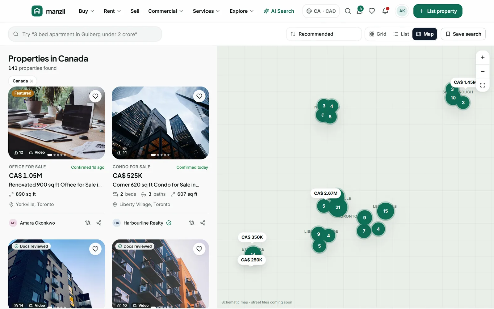 Manzil map search: property cards with prices, freshness labels and broker names beside a clustered map