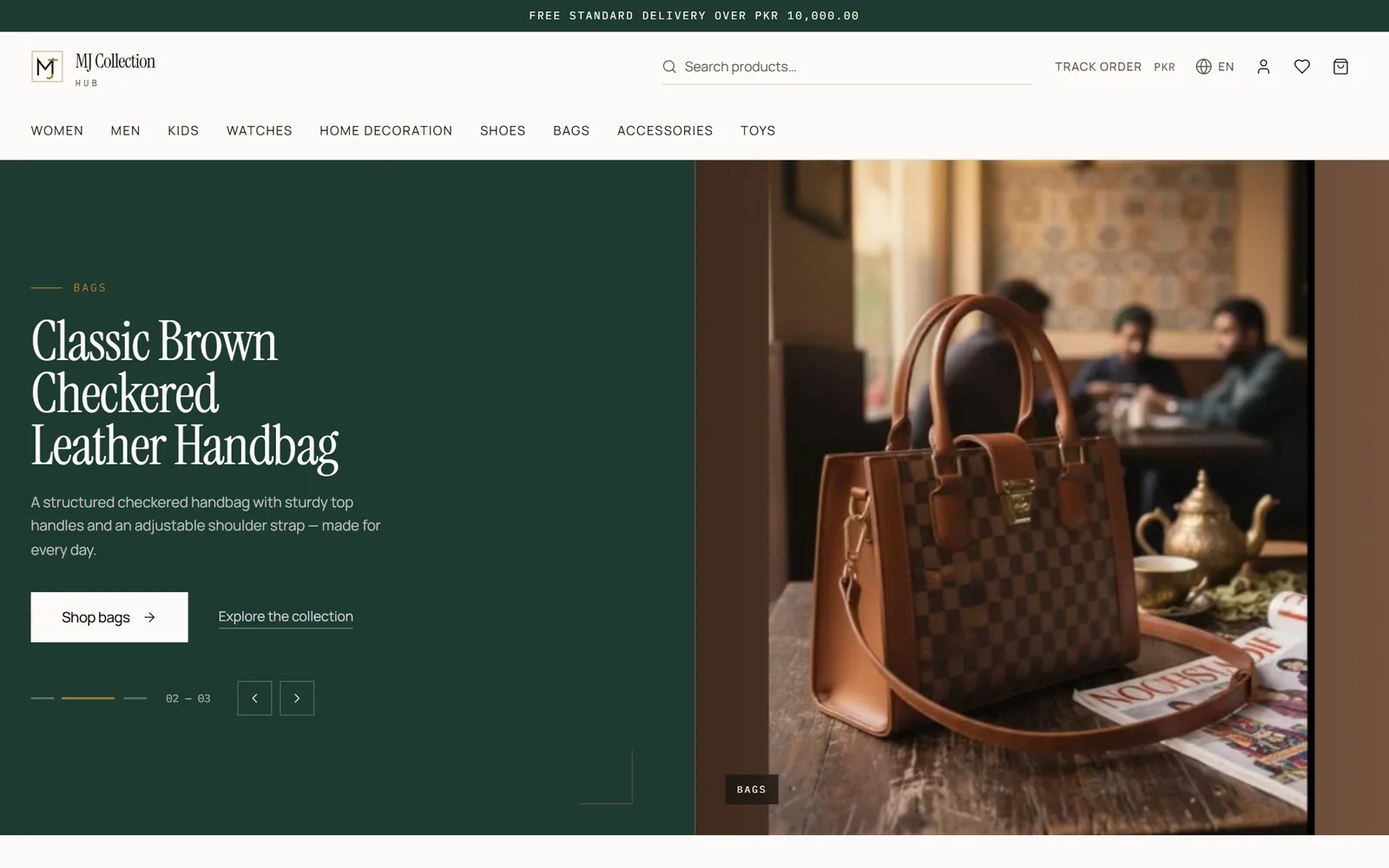 MJ Collection Hub storefront: department navigation, product search and a kidswear collection banner