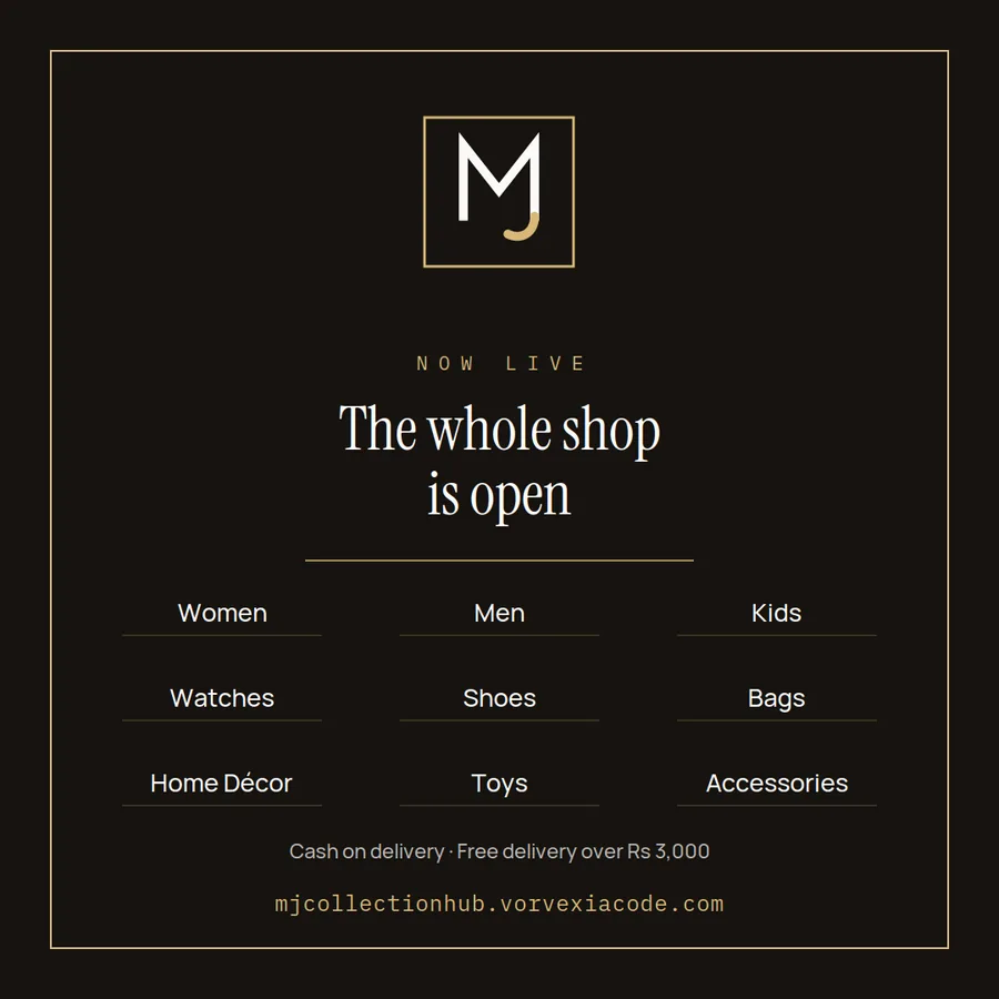 MJ Collection Hub launch post, dark: 'The whole shop is open' with departments and free delivery over Rs 3,000