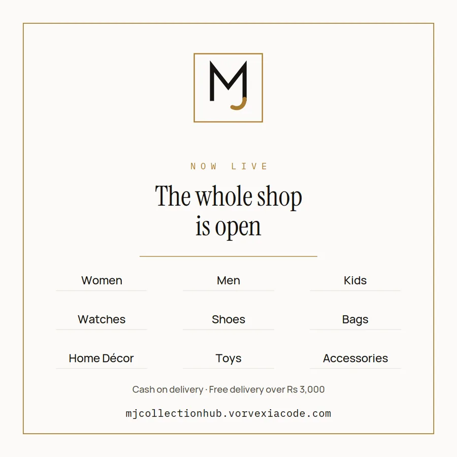 MJ Collection Hub launch post, light: 'The whole shop is open' with departments and cash on delivery