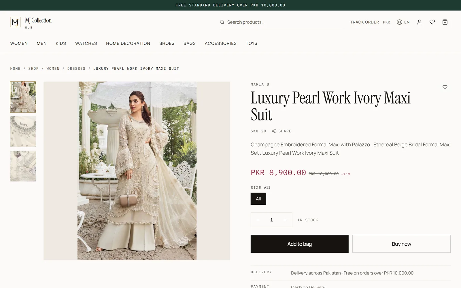 MJ Collection Hub product page with image gallery, price in PKR, size selection, quantity, Add to bag and Buy now