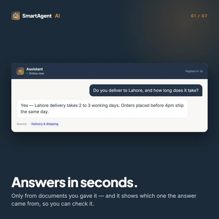 Answers in seconds — only from documents the business provided, with the source shown