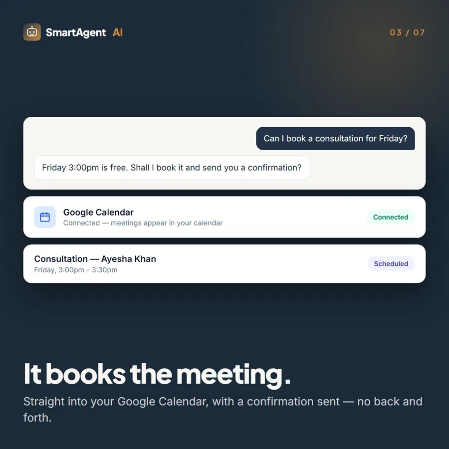 It books the meeting — straight into Google Calendar with a confirmation