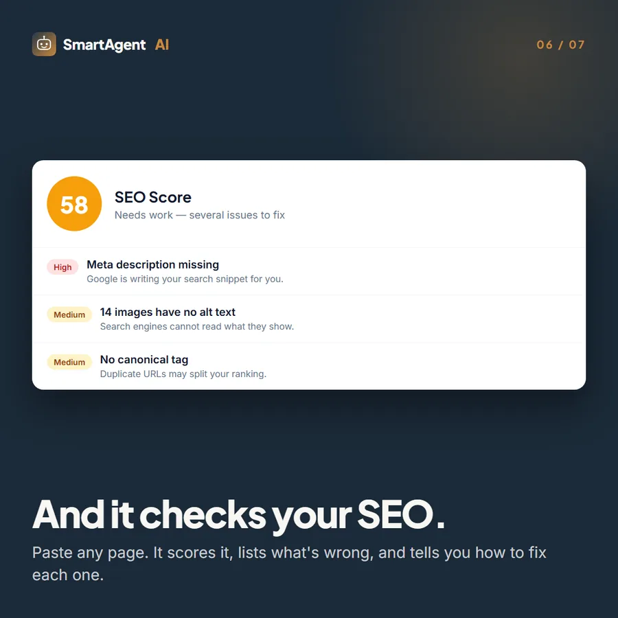 And it checks your SEO — paste a page to get a score and a list of fixes
