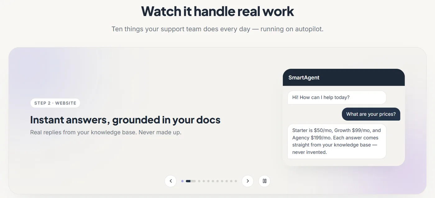 SmartAgent product tour: the agent answers a pricing question using the business's knowledge base