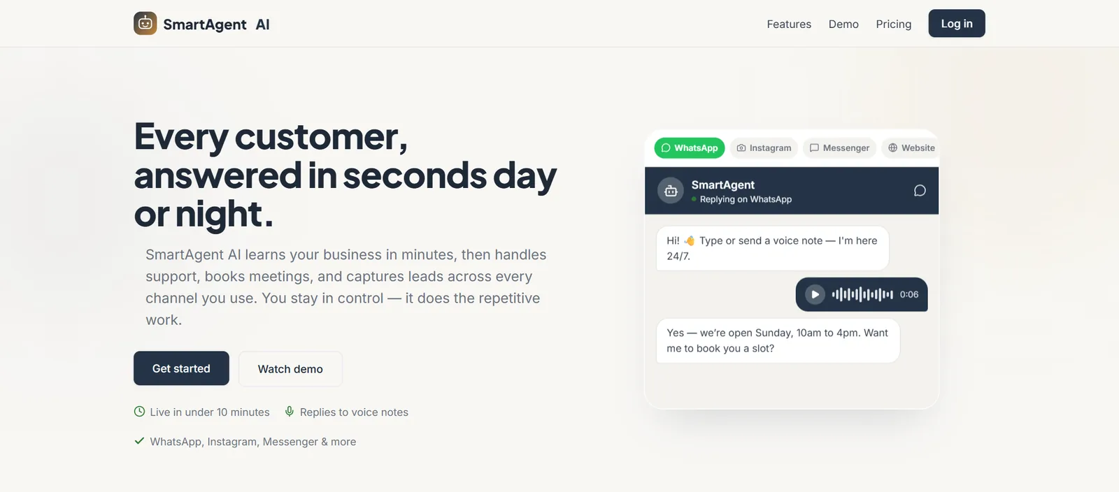 SmartAgent AI homepage with the headline 'Every customer, answered in seconds day or night' and a WhatsApp conversation preview