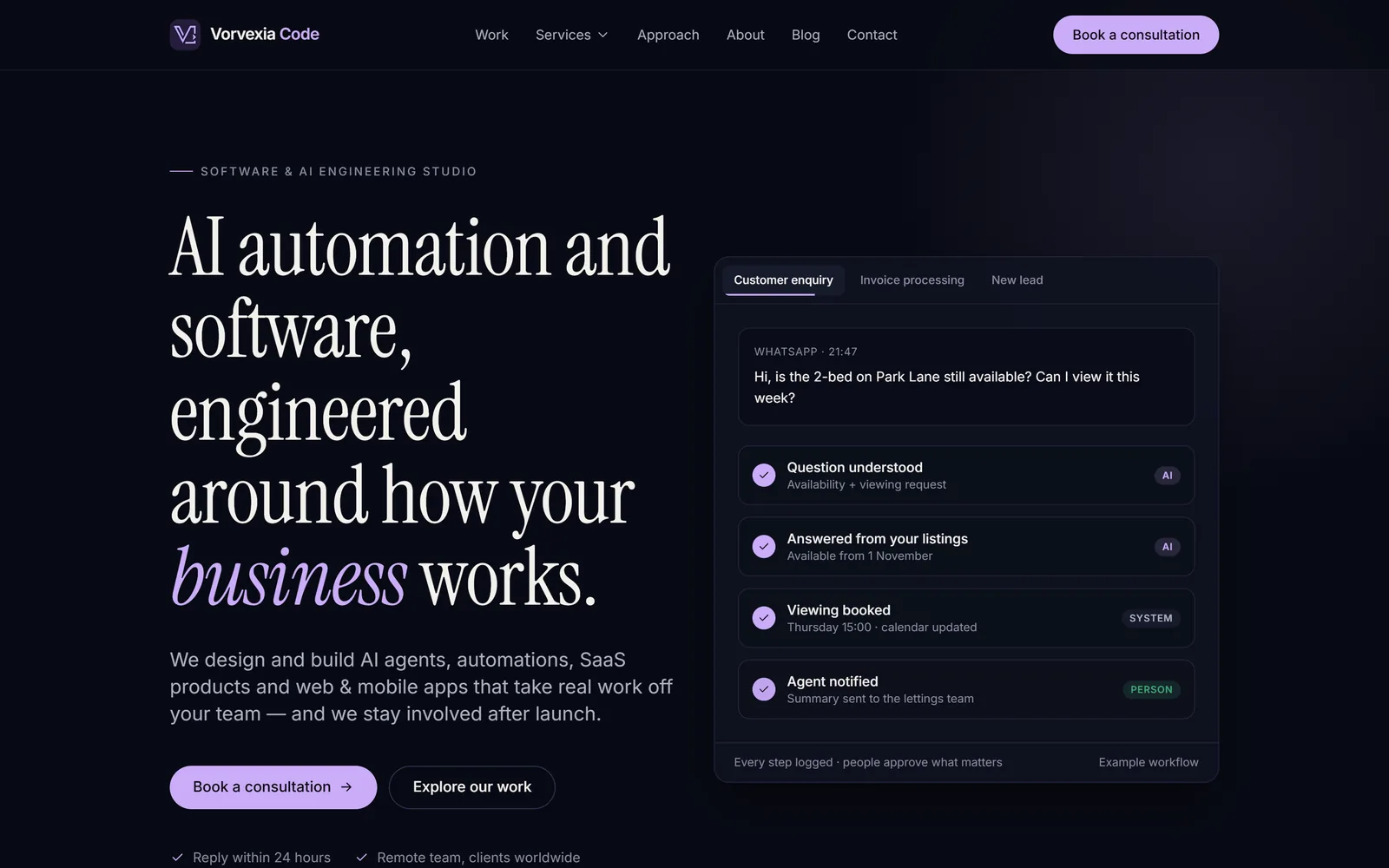The Vorvexia Code homepage with the headline about AI automation and software and an interactive workflow preview